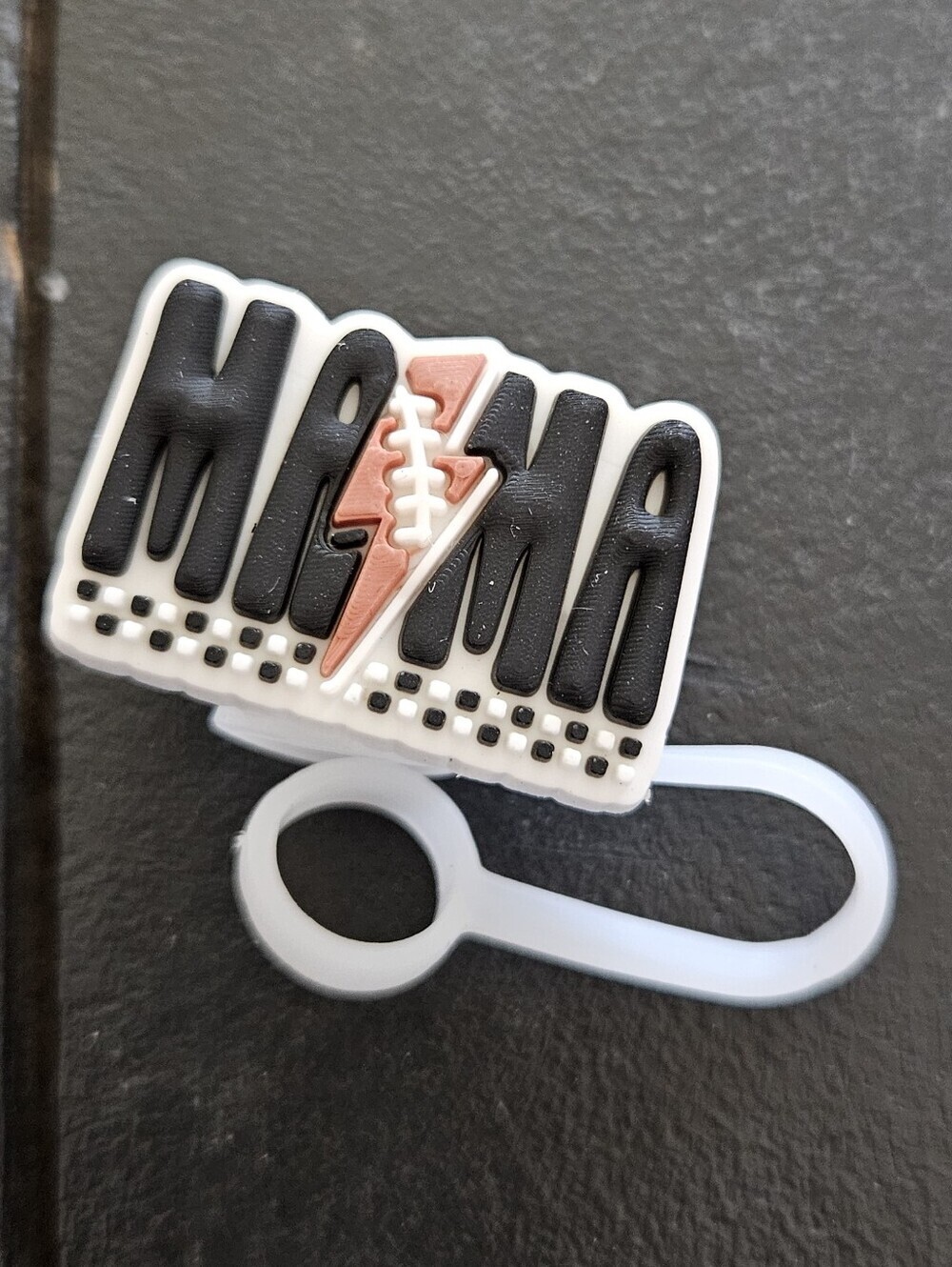 MAMA Black & White Football Lightning Bolt Rubber Silicone Straw Topper Charm